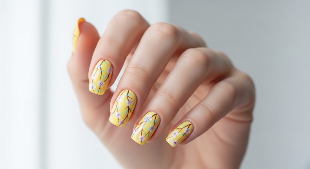 Sunny Yellow Floral Branch Nail Design 